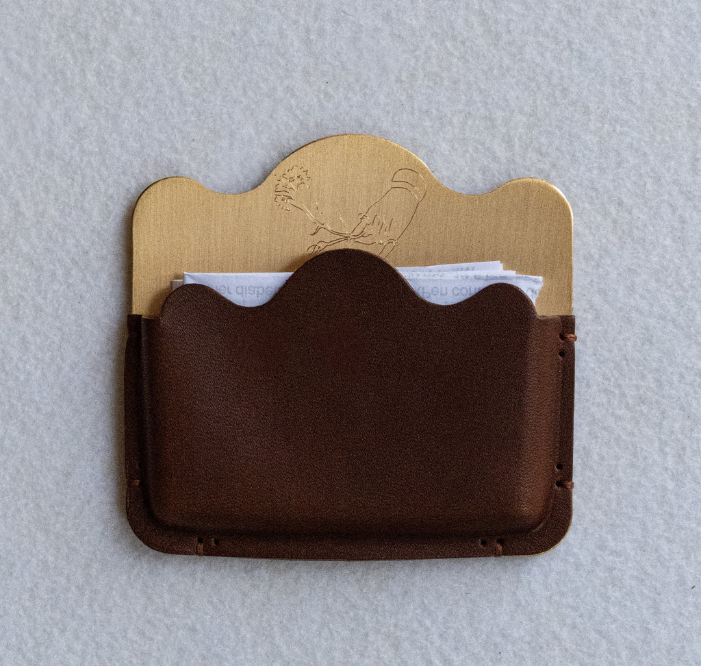 Brass card holder with brown leather
