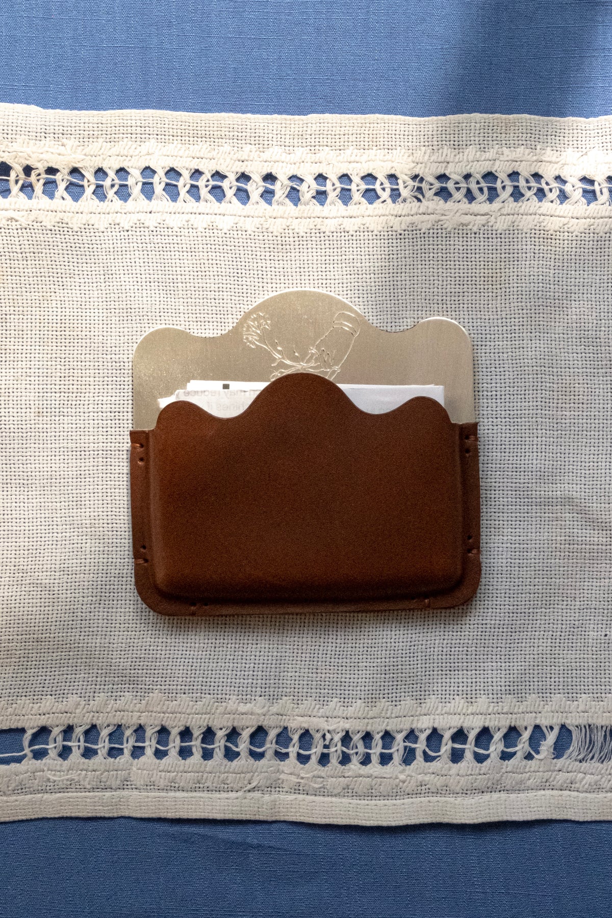 Silver-plated brass card holder brown leather